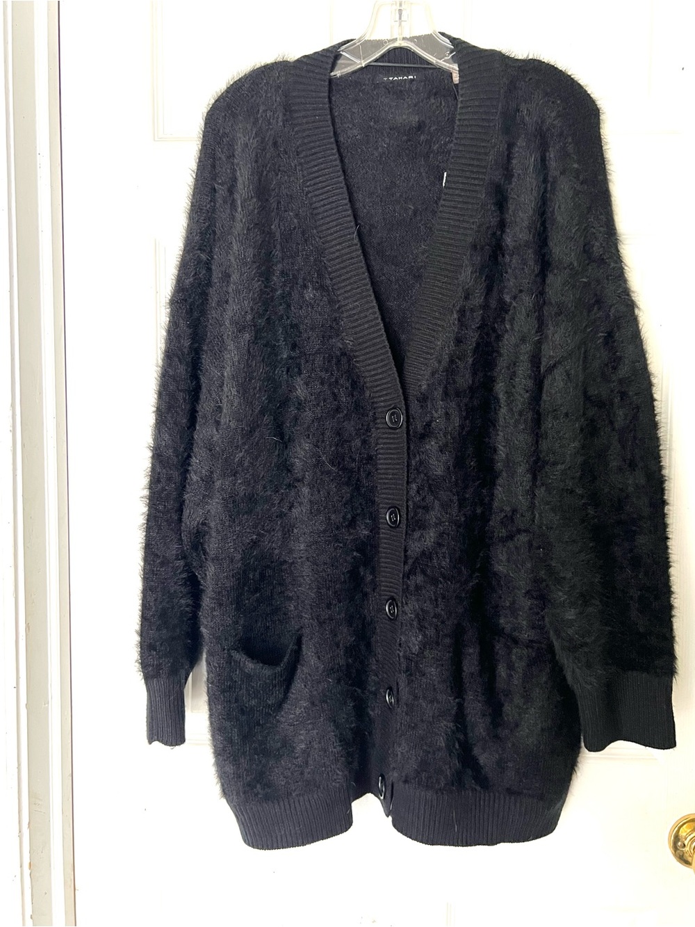 Tahari Black Fuzzy Button-Front Women's Cardigan